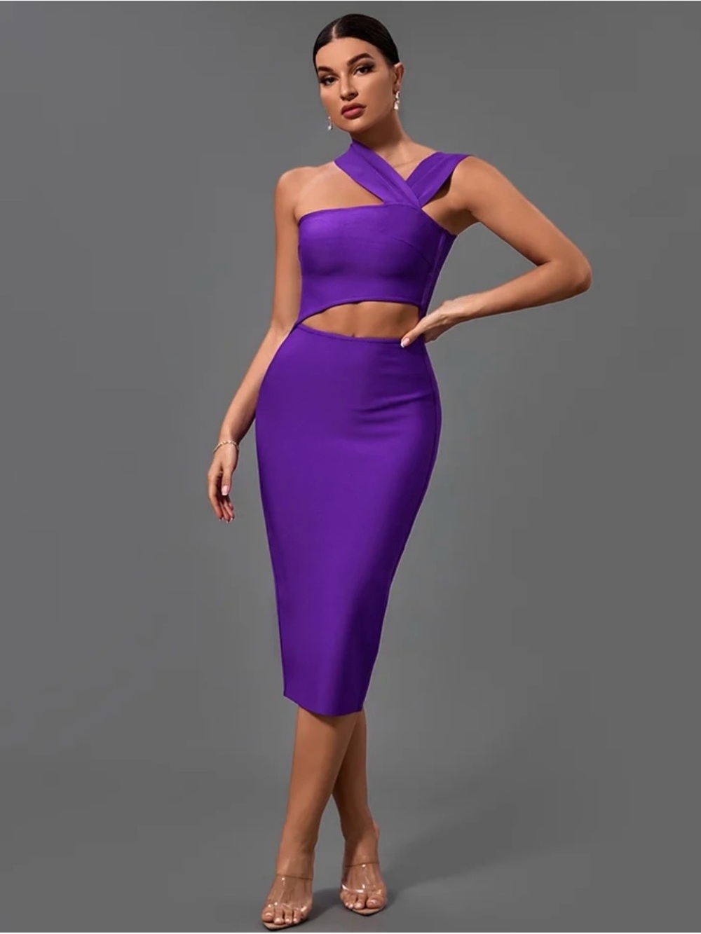Sculpted Purple Cross-Strap Cutout Midi Dress - Women's